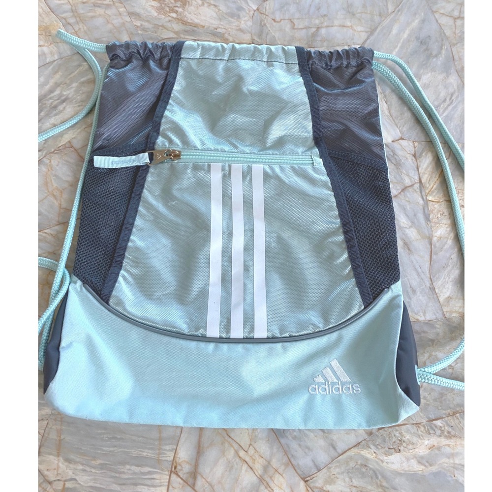 Adidas Drawstring Backpack Aqua Blue Grey Three Stripes Sackpack Gym Bag